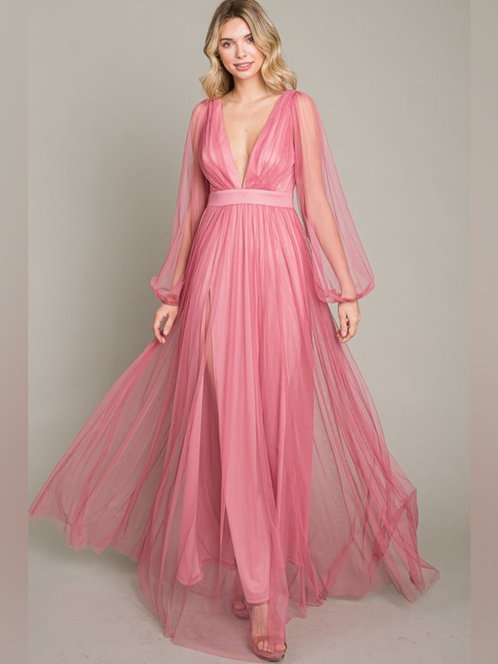 Mauve V-Neck Sheer Long Sleeve Maxi Dress
